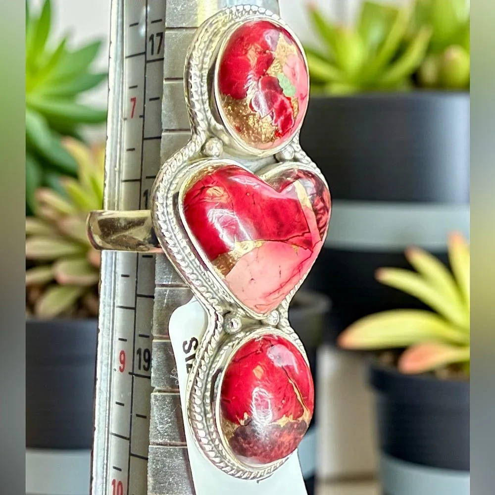 Sterling Silver Red Dahlia Turquoise Triple Stone Statement Ring – Size 8 (10.4g